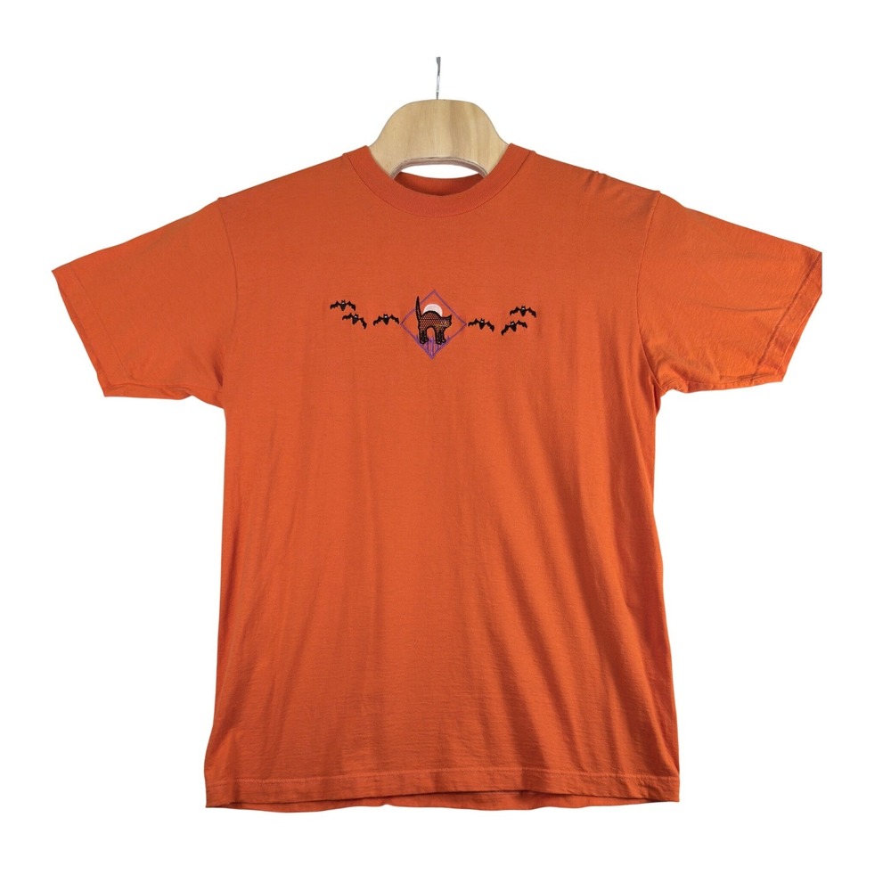 Vintage 90s Embroirdered Halloween Black Cat & Bats T-Shirt Women Large Orange